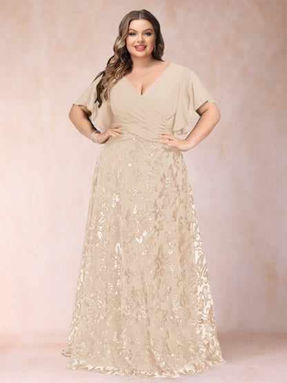 Robe de Mère de la Mariée Grande Taille, Coupe Trapèze/Princesse, Longueur au Sol, Manches Courtes, Col en V