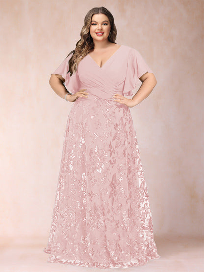 Robe de Mère de la Mariée Grande Taille, Coupe Trapèze/Princesse, Longueur au Sol, Manches Courtes, Col en V