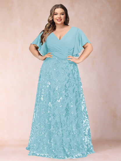 Robe de Mère de la Mariée Grande Taille, Coupe Trapèze/Princesse, Longueur au Sol, Manches Courtes, Col en V