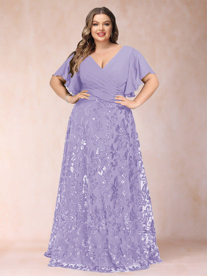 Robe de Mère de la Mariée Grande Taille, Coupe Trapèze/Princesse, Longueur au Sol, Manches Courtes, Col en V