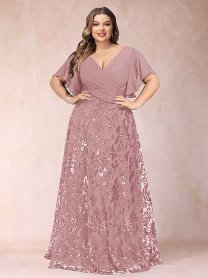 Robe de Mère de la Mariée Grande Taille, Coupe Trapèze/Princesse, Longueur au Sol, Manches Courtes, Col en V