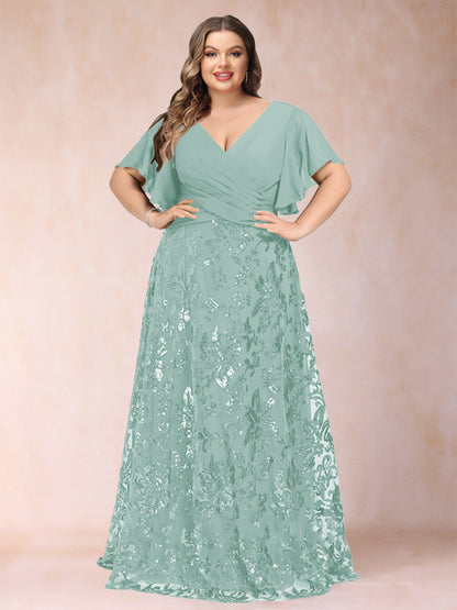 Robe de Mère de la Mariée Grande Taille, Coupe Trapèze/Princesse, Longueur au Sol, Manches Courtes, Col en V
