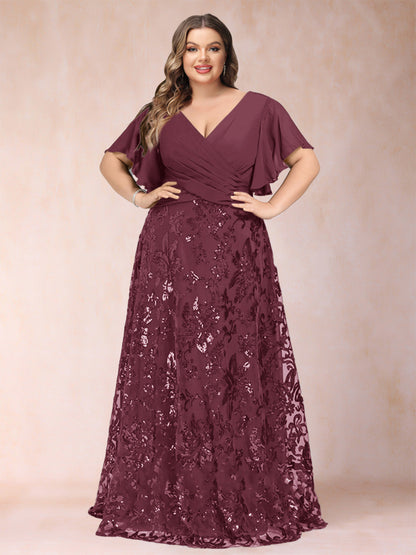 Robe de Mère de la Mariée Grande Taille, Coupe Trapèze/Princesse, Longueur au Sol, Manches Courtes, Col en V