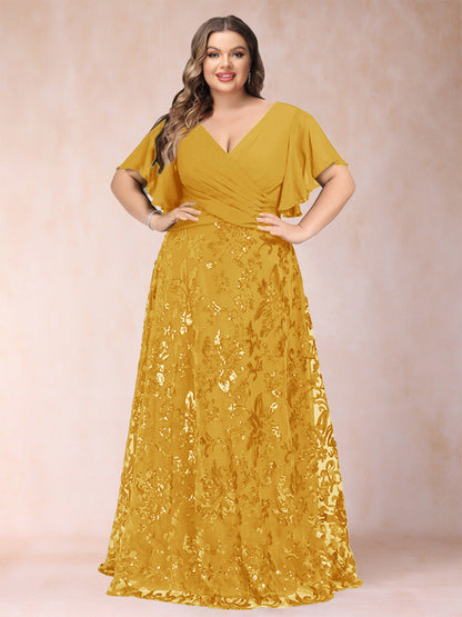 Robe de Mère de la Mariée Grande Taille, Coupe Trapèze/Princesse, Longueur au Sol, Manches Courtes, Col en V