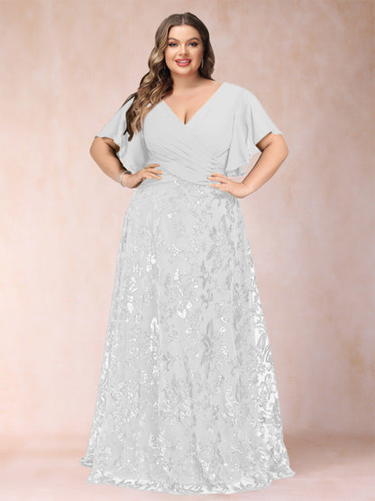 Robe de Mère de la Mariée Grande Taille, Coupe Trapèze/Princesse, Longueur au Sol, Manches Courtes, Col en V