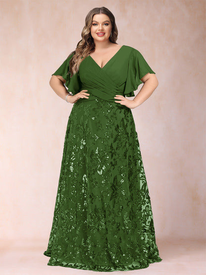 Robe de Mère de la Mariée Grande Taille, Coupe Trapèze/Princesse, Longueur au Sol, Manches Courtes, Col en V