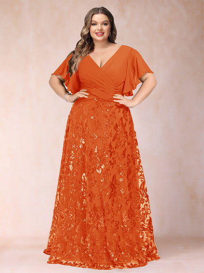 Robe de Mère de la Mariée Grande Taille, Coupe Trapèze/Princesse, Longueur au Sol, Manches Courtes, Col en V