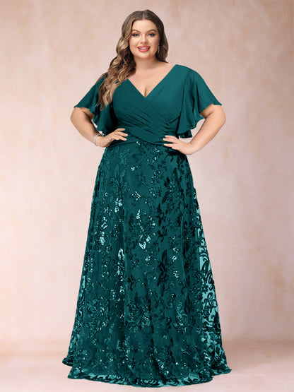 Robe de Mère de la Mariée Grande Taille, Coupe Trapèze/Princesse, Longueur au Sol, Manches Courtes, Col en V