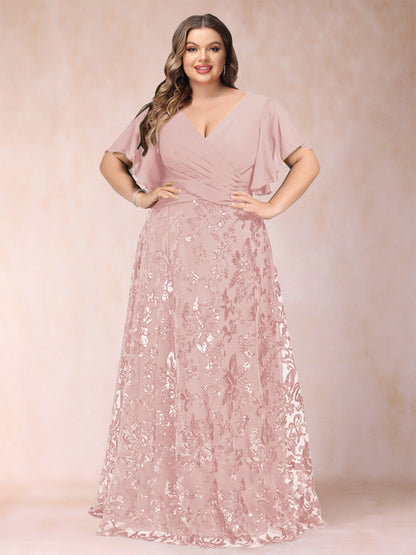 Robe de Mère de la Mariée Grande Taille, Coupe Trapèze/Princesse, Longueur au Sol, Manches Courtes, Col en V