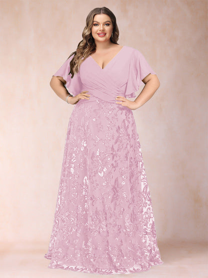 Robe de Mère de la Mariée Grande Taille, Coupe Trapèze/Princesse, Longueur au Sol, Manches Courtes, Col en V