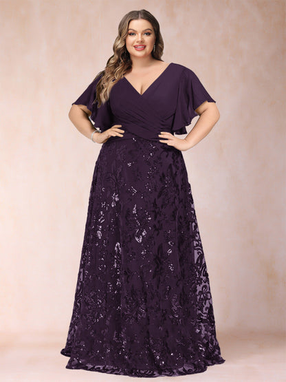 Robe de Mère de la Mariée Grande Taille, Coupe Trapèze/Princesse, Longueur au Sol, Manches Courtes, Col en V
