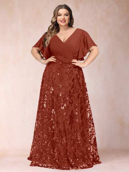 Robe de Mère de la Mariée Grande Taille, Coupe Trapèze/Princesse, Longueur au Sol, Manches Courtes, Col en V