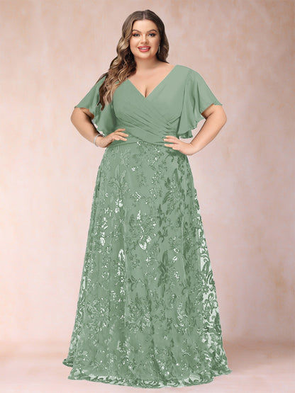 Robe de Mère de la Mariée Grande Taille, Coupe Trapèze/Princesse, Longueur au Sol, Manches Courtes, Col en V