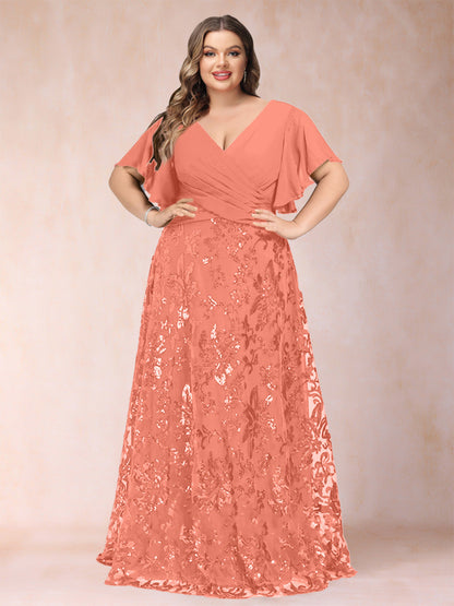 Robe de Mère de la Mariée Grande Taille, Coupe Trapèze/Princesse, Longueur au Sol, Manches Courtes, Col en V