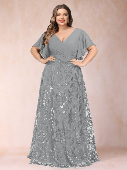 Robe de Mère de la Mariée Grande Taille, Coupe Trapèze/Princesse, Longueur au Sol, Manches Courtes, Col en V