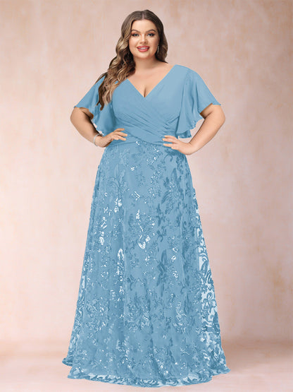 Robe de Mère de la Mariée Grande Taille, Coupe Trapèze/Princesse, Longueur au Sol, Manches Courtes, Col en V
