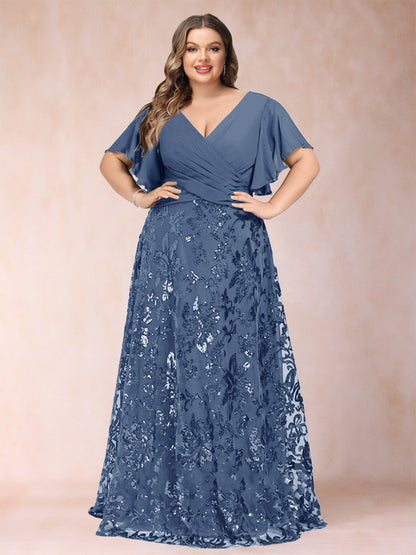 Robe de Mère de la Mariée Grande Taille, Coupe Trapèze/Princesse, Longueur au Sol, Manches Courtes, Col en V
