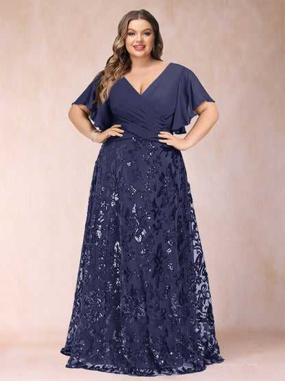 Robe de Mère de la Mariée Grande Taille, Coupe Trapèze/Princesse, Longueur au Sol, Manches Courtes, Col en V