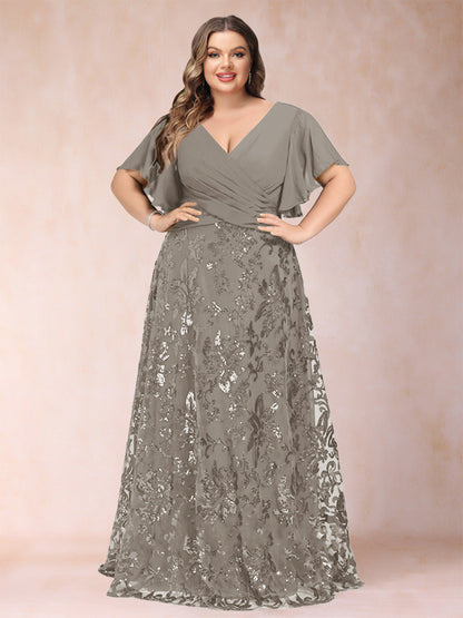 Robe de Mère de la Mariée Grande Taille, Coupe Trapèze/Princesse, Longueur au Sol, Manches Courtes, Col en V