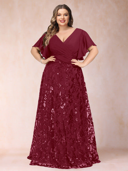 Robe de Mère de la Mariée Grande Taille, Coupe Trapèze/Princesse, Longueur au Sol, Manches Courtes, Col en V
