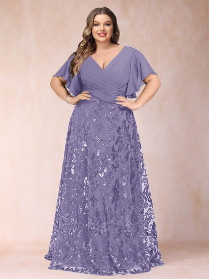 Robe de Mère de la Mariée Grande Taille, Coupe Trapèze/Princesse, Longueur au Sol, Manches Courtes, Col en V