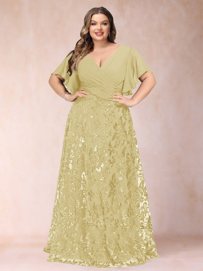 Robe de Mère de la Mariée Grande Taille, Coupe Trapèze/Princesse, Longueur au Sol, Manches Courtes, Col en V