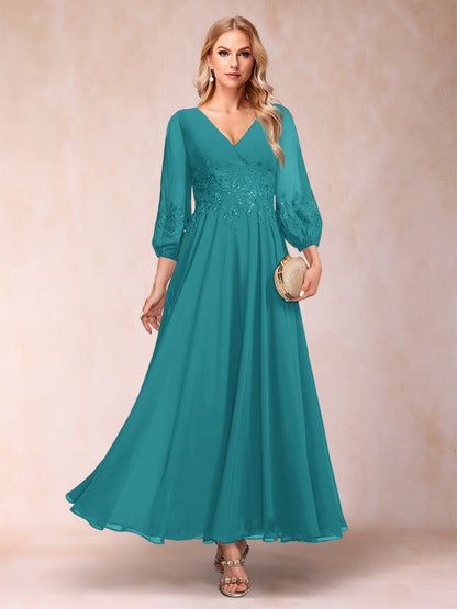 Robe de Mère de la Mariée Coupe A-Line/Princesse Longueur Cheville Manches 3/4 Col En V