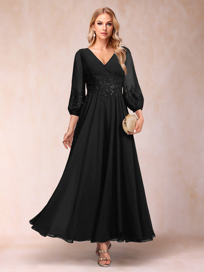 Robe de Mère de la Mariée Coupe A-Line/Princesse Longueur Cheville Manches 3/4 Col En V