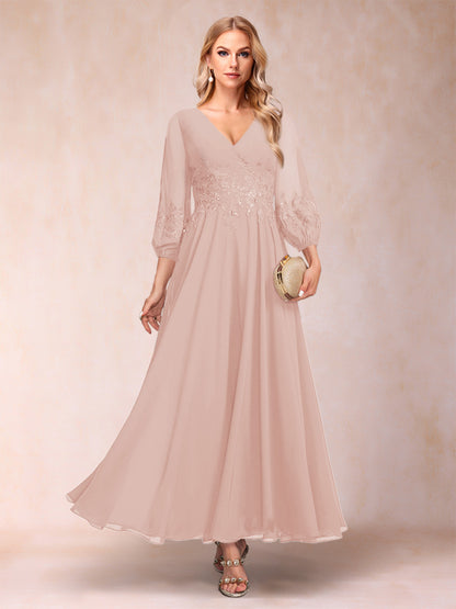 Robe de Mère de la Mariée Coupe A-Line/Princesse Longueur Cheville Manches 3/4 Col En V