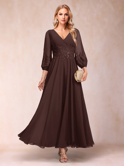Robe de Mère de la Mariée Coupe A-Line/Princesse Longueur Cheville Manches 3/4 Col En V