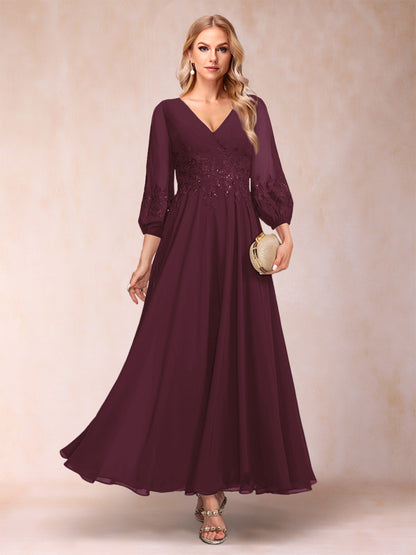 Robe de Mère de la Mariée Coupe A-Line/Princesse Longueur Cheville Manches 3/4 Col En V