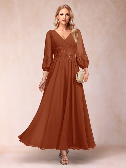 Robe de Mère de la Mariée Coupe A-Line/Princesse Longueur Cheville Manches 3/4 Col En V
