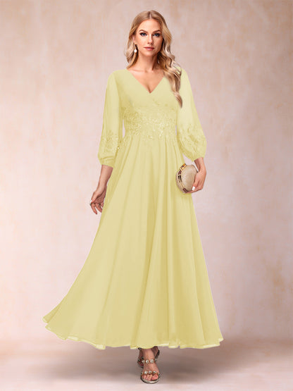 Robe de Mère de la Mariée Coupe A-Line/Princesse Longueur Cheville Manches 3/4 Col En V