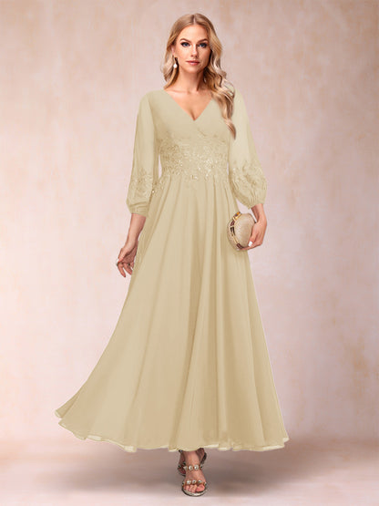Robe de Mère de la Mariée Coupe A-Line/Princesse Longueur Cheville Manches 3/4 Col En V