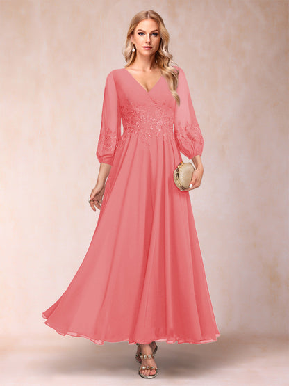Robe de Mère de la Mariée Coupe A-Line/Princesse Longueur Cheville Manches 3/4 Col En V