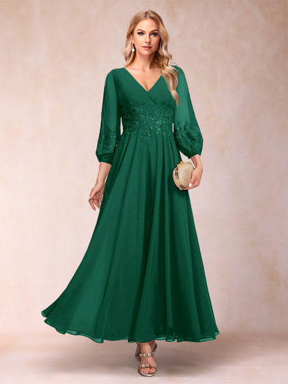 Robe de Mère de la Mariée Coupe A-Line/Princesse Longueur Cheville Manches 3/4 Col En V