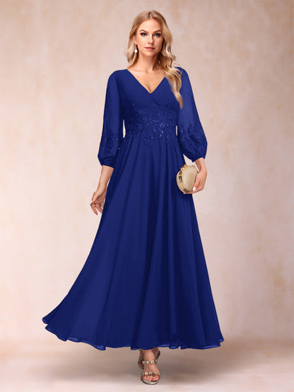 Robe de Mère de la Mariée Coupe A-Line/Princesse Longueur Cheville Manches 3/4 Col En V