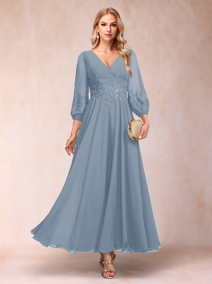 Robe de Mère de la Mariée Coupe A-Line/Princesse Longueur Cheville Manches 3/4 Col En V