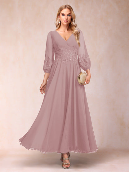 Robe de Mère de la Mariée Coupe A-Line/Princesse Longueur Cheville Manches 3/4 Col En V