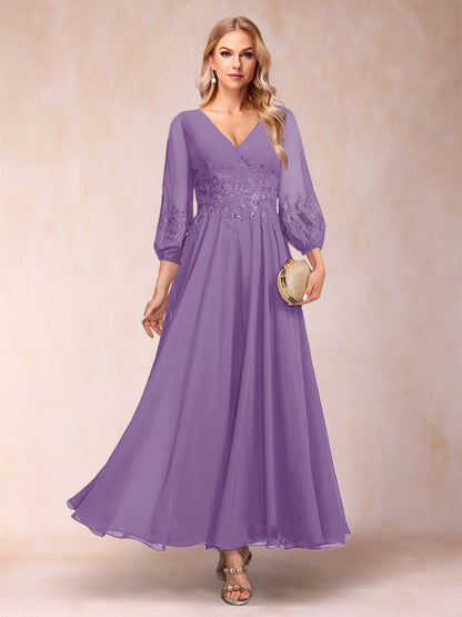 Robe de Mère de la Mariée Coupe A-Line/Princesse Longueur Cheville Manches 3/4 Col En V