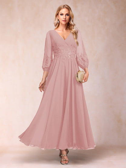Robe de Mère de la Mariée Coupe A-Line/Princesse Longueur Cheville Manches 3/4 Col En V