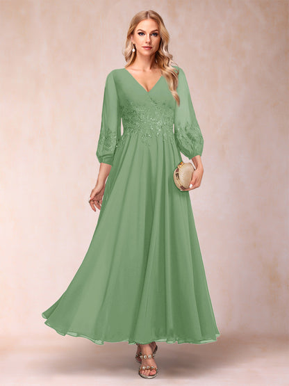 Robe de Mère de la Mariée Coupe A-Line/Princesse Longueur Cheville Manches 3/4 Col En V