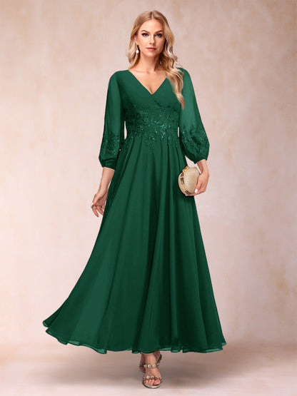 Robe de Mère de la Mariée Coupe A-Line/Princesse Longueur Cheville Manches 3/4 Col En V