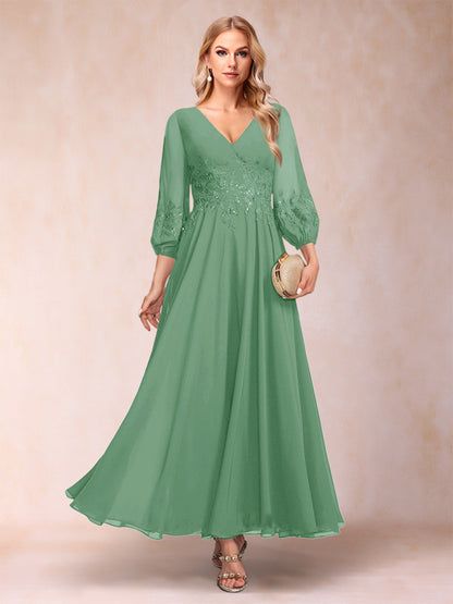 Robe de Mère de la Mariée Coupe A-Line/Princesse Longueur Cheville Manches 3/4 Col En V