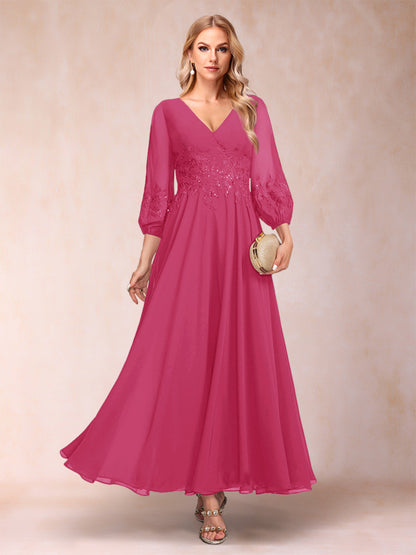 Robe de Mère de la Mariée Coupe A-Line/Princesse Longueur Cheville Manches 3/4 Col En V