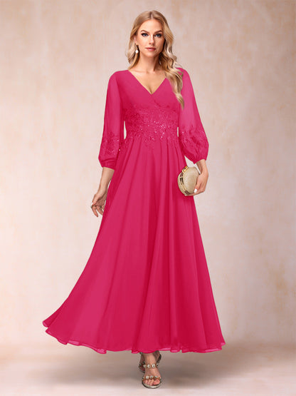 Robe de Mère de la Mariée Coupe A-Line/Princesse Longueur Cheville Manches 3/4 Col En V