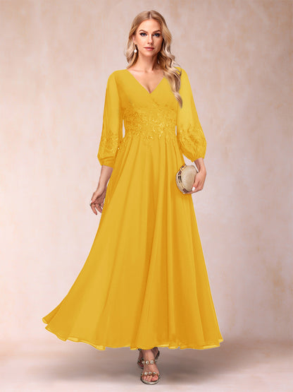 Robe de Mère de la Mariée Coupe A-Line/Princesse Longueur Cheville Manches 3/4 Col En V