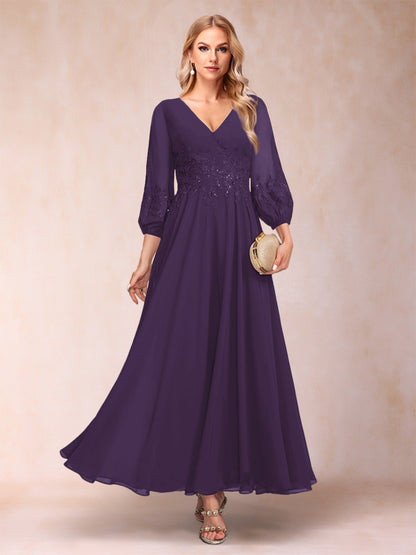 Robe de Mère de la Mariée Coupe A-Line/Princesse Longueur Cheville Manches 3/4 Col En V