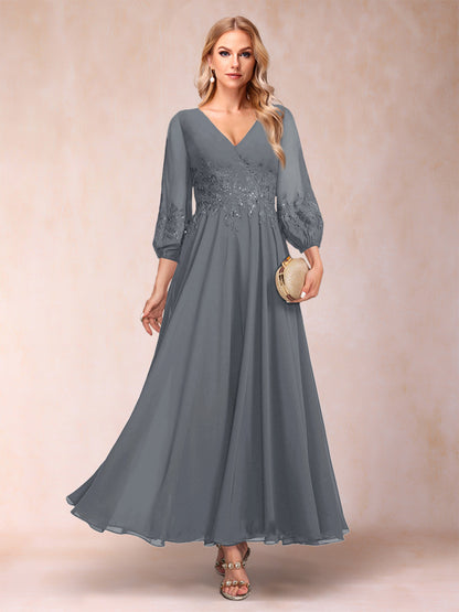 Robe de Mère de la Mariée Coupe A-Line/Princesse Longueur Cheville Manches 3/4 Col En V