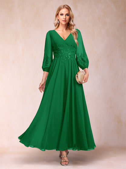 Robe de Mère de la Mariée Coupe A-Line/Princesse Longueur Cheville Manches 3/4 Col En V